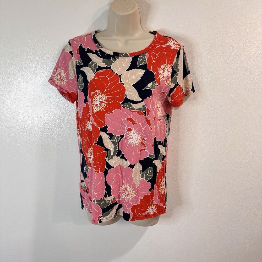 Ann Taylor LOFT T-shirt M Oversized Floral 100% Cotton Pink Red Black Poppies